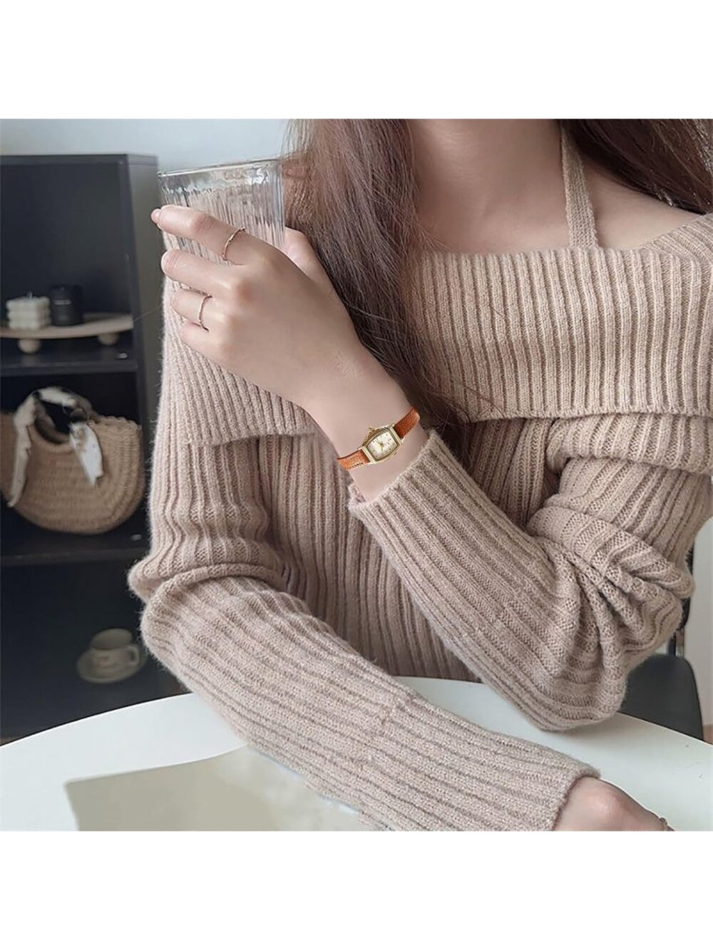 Women's Brown Gold White Vintage Retro Elegant Rectangular Case Wrist Watch - Picture 3 of 7